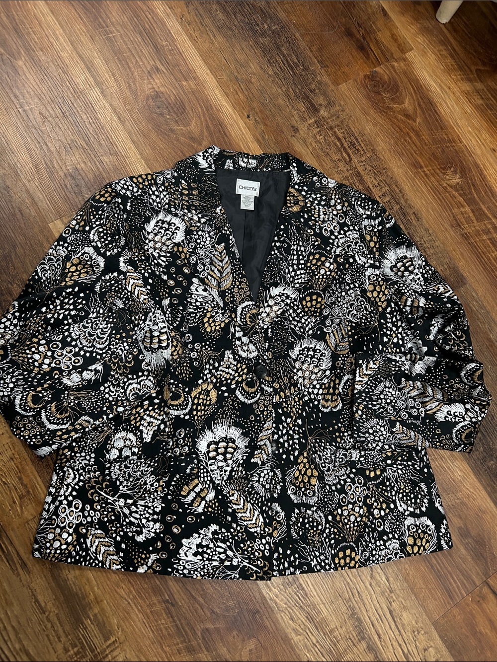 Chico's Black, White & Gold Abstract Patterned Jacket